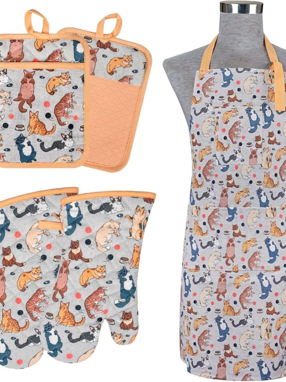 Oven Mitts and Pot Holders with Chef Apron,Kitchen Set of 5